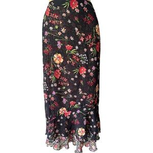 White Stag Large Black Colorful Floral Two Side Reversible Midi Skirt w/ Ruffles